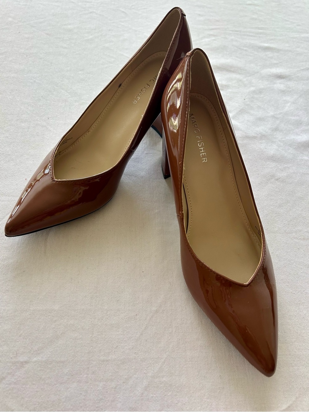Marc Fisher Patent Brown Pointed-Toe Pumps